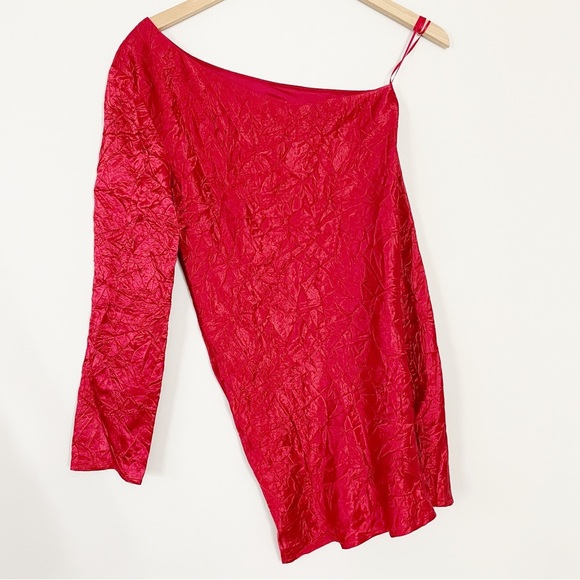 Third Form x Free People Red Crinkle Satin Running Water One Shoulder Mini dress - Picture 9 of 12
